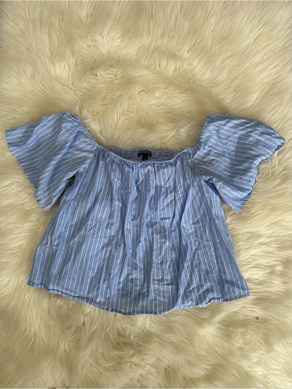 Express Light Blue Striped Off-Shoulder Crop Top